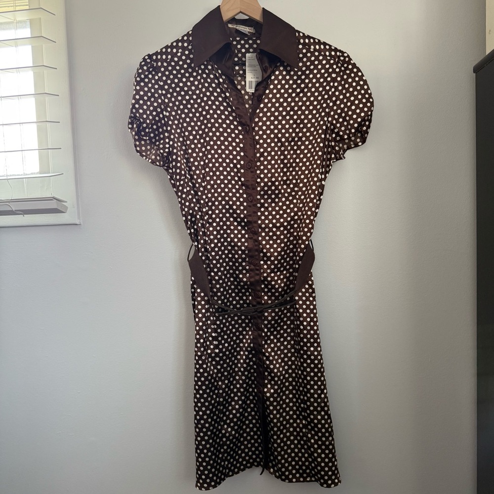F21 Y2K Large NEW Satin Brown Polka Dot Dress Belt Button Up Coquette 50s style